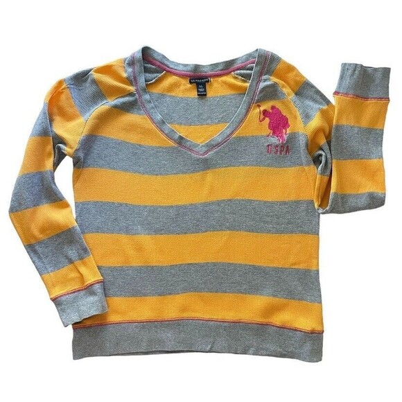 VTG US POLO ASSN Big Pony Waffle Knit Thermal Stripe Shirt Ralph Lauren Y2K XL - Picture 1 of 10